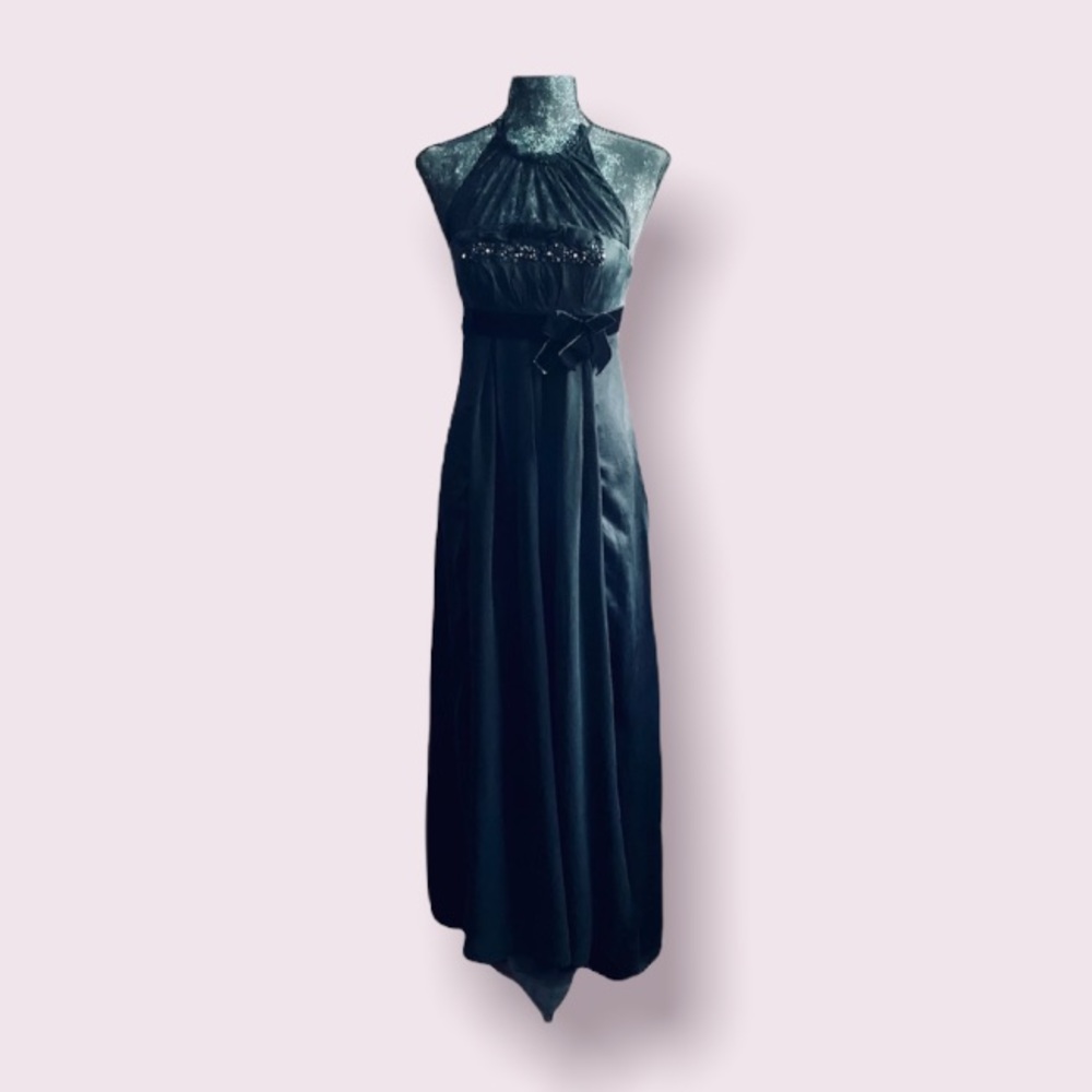 BCBG Max Azria Black Silk Satin Lace Velvet Bow Halter Gown w/Rhinestone Details